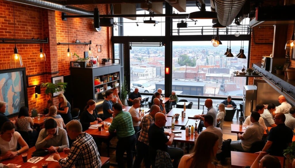 A bustling gastropub nestled in the heart of a vibrant city, its warm, inviting atmosphere pulsing with the energy of the local community. In the foreground, patrons gather at communal tables, engaged in lively conversations over craft beers and artisanal dishes crafted from locally sourced ingredients. Soft, ambient lighting casts a glow on the exposed brick walls and wooden accents, creating a cozy, convivial ambiance. In the middle ground, the open kitchen hums with activity as chefs skillfully prepare specialty meals, their culinary expertise on full display. The background features a panoramic view of the surrounding neighborhood, capturing the essence of local dining and community engagement.