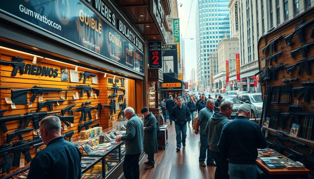 A bustling gun store on a bustling main street, its facade adorned with signs and window displays showcasing an array of firearms. The interior is well-lit, with high ceilings and polished wooden floors. Customers browse the selection, examining handguns, rifles, and ammunition with a keen eye. The atmosphere is one of professionalism and expertise, with knowledgeable staff on hand to guide and assist. In the background, the bustling activity of the city can be seen through the large storefront windows, creating a sense of the store being an integral part of the community. The scene is captured with a crisp, documentary-style lens, conveying the importance and ubiquity of gun stores across the United States.