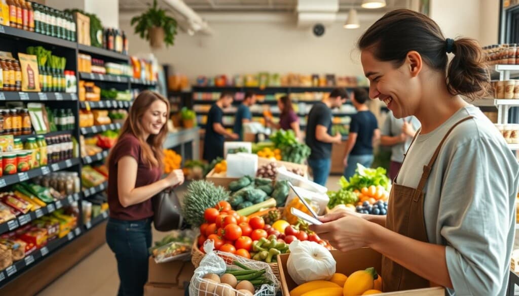 A bustling health food market, captured in natural light. In the foreground, a friendly customer examines organic produce, evaluating its freshness. In the middle ground, shoppers peruse the shelves, selecting wholesome snacks and supplements. The background reveals an airy, well-organized store layout, with vibrant displays of vibrant greens, vibrant reds, and earthy tones. The overall atmosphere conveys a sense of health, wellness, and community, with a keen attention to quality and sustainability.