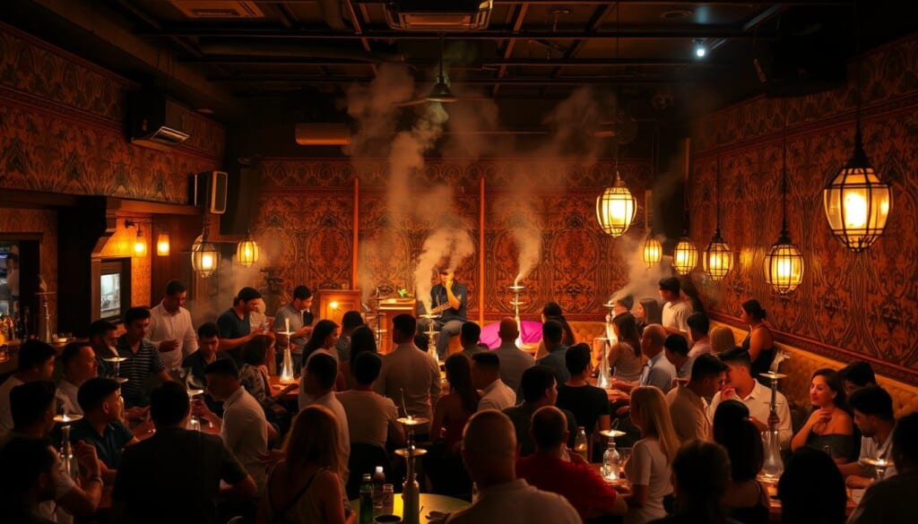 A bustling hookah bar scene, brimming with a lively community. In the foreground, groups of friends gathered around low tables, sharing the aromatic smoke and lively conversation. The middle ground features a makeshift stage, where a talented musician plays soulful tunes, creating a mesmerizing atmosphere. In the background, warm lighting casts a soft glow, illuminating the ornate decor - intricate patterned tiles, ornate lanterns, and plush seating areas. The mood is one of relaxation and conviviality, as patrons immerse themselves in the vibrant energy of the hookah bar experience. Capturing the essence of an engaging community event, this image conveys the inviting ambiance of a beloved local hookah haven.