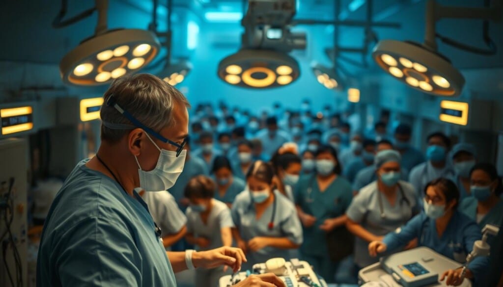 A bustling hospital ward, dimly lit by warm overhead lamps, with medical staff in scrubs and masks rushing to attend to a growing number of patients. In the foreground, an anesthesiologist carefully monitors vital signs, adjusting medical equipment to ensure the patient's comfort and safety. The middle ground is filled with a flurry of activity as nurses and other healthcare professionals work in harmony, their expressions conveying a sense of urgency and dedication. The background fades into a hazy, blue-tinted atmosphere, suggesting the high demand for these specialized services. The scene radiates a sense of professionalism, technical expertise, and the critical role anesthesiology plays in modern healthcare.