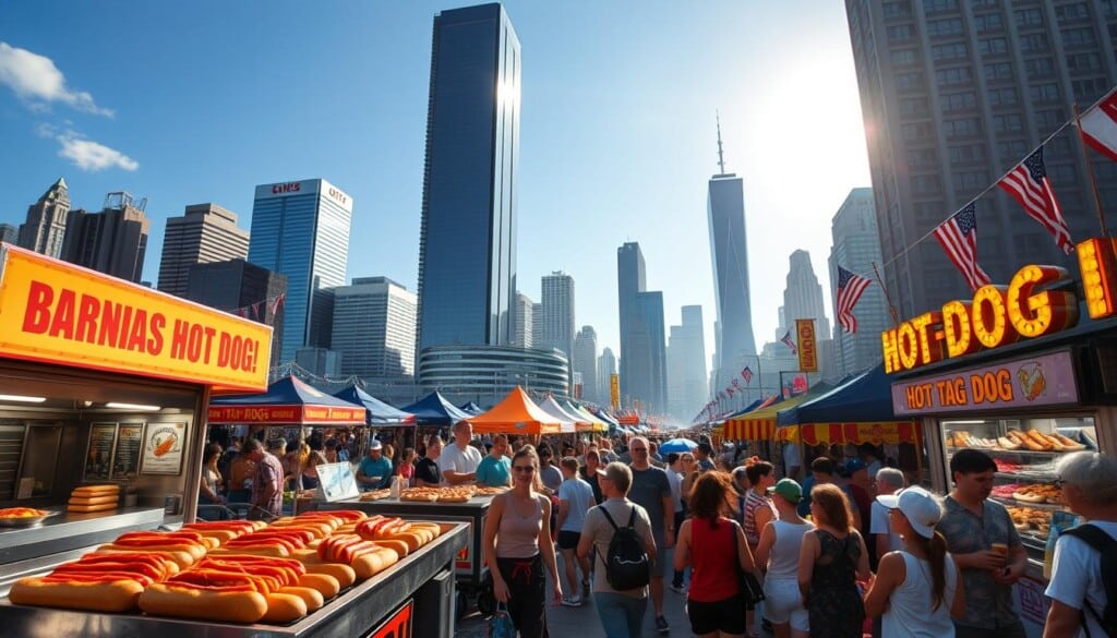 A bustling hot dog festival, set against a vibrant city skyline. In the foreground, grilled hot dogs sizzle on lively food carts, surrounded by a crowd of eager attendees. The middle ground features rows of colorful festival booths, offering an array of delectable toppings and condiments. In the background, towering skyscrapers and a clear, sun-drenched sky create a dynamic, energetic atmosphere. Candid shots of people enthusiastically enjoying their hot dogs, lively music, and the aroma of freshly grilled franks fill the air. A wide-angle lens captures the energy and excitement of this iconic American celebration of the humble hot dog.