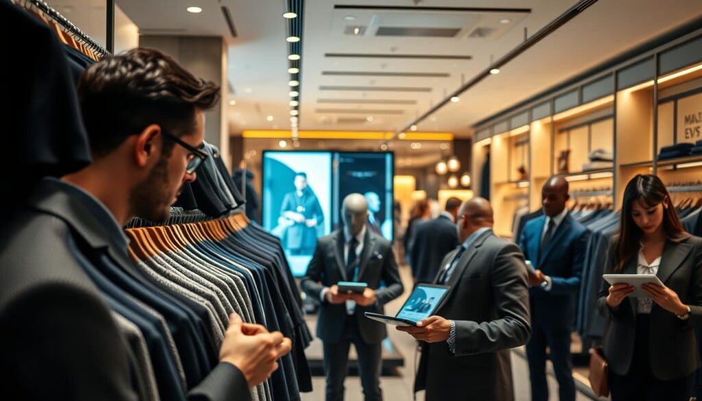 A bustling hybrid shopping experience, blending the convenience of online shopping with the tangible pleasures of in-store browsing. In the foreground, a stylishly dressed man explores a meticulously curated selection of the latest men's fashion, fingering the fabrics and admiring the tailored silhouettes. In the middle ground, a seamless integration of digital and physical elements - interactive displays, virtual dressing rooms, and sales associates armed with tablets, all working in harmony to provide a personalized, high-tech shopping journey. The background reveals a spacious, well-lit store interior, its sleek, modern design complemented by warm lighting and carefully placed decor, creating an inviting atmosphere that encourages exploration and discovery. Cinematic in its composition, this image captures the essence of the evolving retail landscape, where the online and offline worlds coexist in a dynamic, immersive shopping experience.