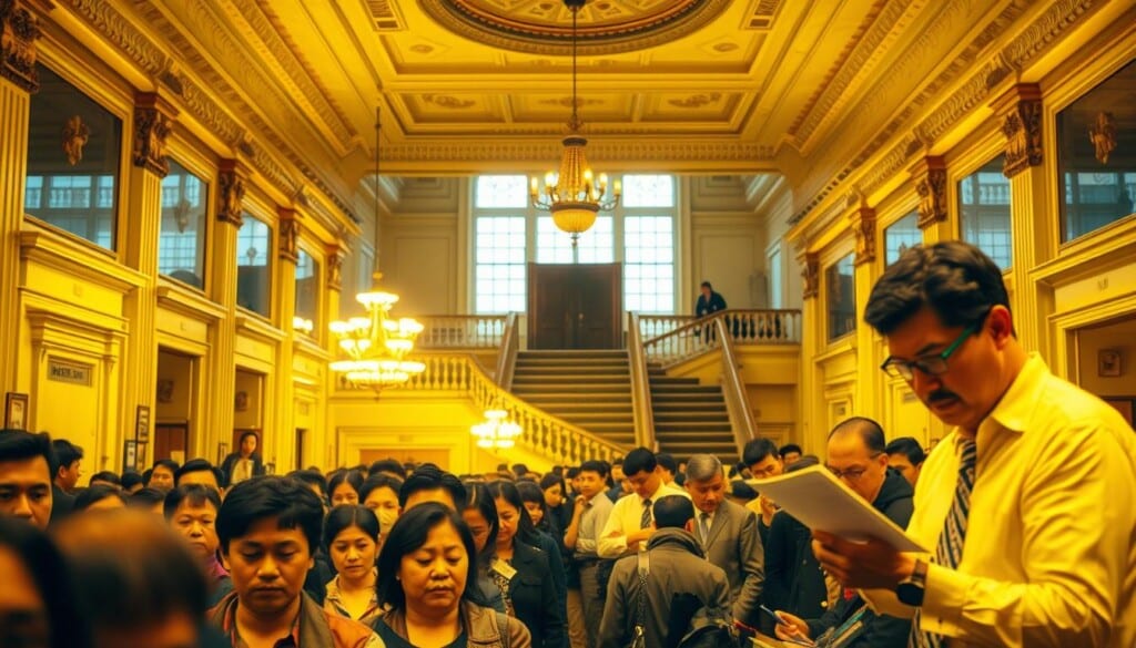 A bustling immigration office, illuminated by the warm glow of fluorescent lighting. In the foreground, a long queue of hopeful applicants, their faces etched with determination and anticipation. In the middle ground, immigration officers meticulously reviewing documents, their expressions a mix of professionalism and empathy. The background is a mosaic of architectural details - ornate moldings, high ceilings, and a grand central staircase, conveying a sense of bureaucratic grandeur. The lighting is soft and diffuse, casting gentle shadows that add depth and dimension to the scene. The atmosphere is one of both tension and hope, as the immigrants navigate the complex and often daunting process of achieving their American dream.