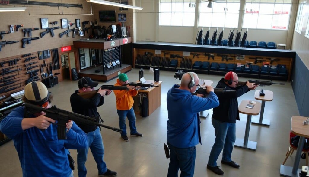 A bustling indoor gun range, brightly lit with natural light filtering through large windows. In the foreground, a group of skilled shooters expertly handling various firearms on the range, their focus intense. The middle ground features a well-equipped pro shop with a diverse selection of firearms and accessories. In the background, an observation area with comfortable seating allows spectators to watch the action unfold. The atmosphere is one of safety, professionalism, and enthusiastic camaraderie among the gun enthusiasts. The scene is captured with a wide-angle lens to showcase the scale and scope of this popular, state-of-the-art shooting facility.