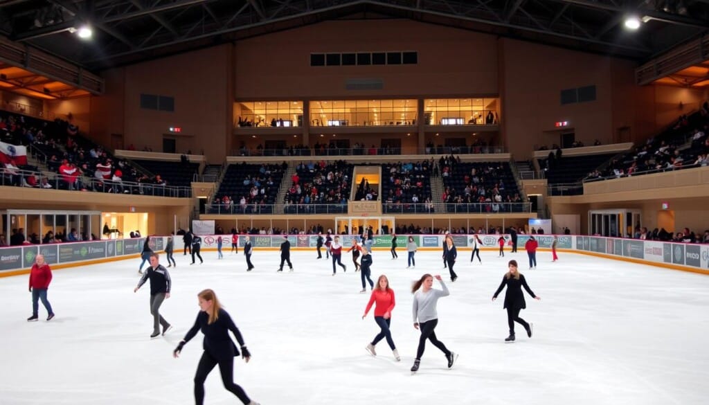 A bustling indoor skating rink, its smooth ice surface illuminated by warm, ambient lighting. In the foreground, a group of skaters gracefully glide across the ice, their movements captured in a mid-action pose. The rink is surrounded by stadium-style seating, where spectators watch on, their expressions of joy and excitement visible. In the background, the venue's architectural features, such as high ceilings and large windows, create a sense of spaciousness and grandeur. The overall atmosphere is one of energy, anticipation, and the pure joy of the skating experience.
