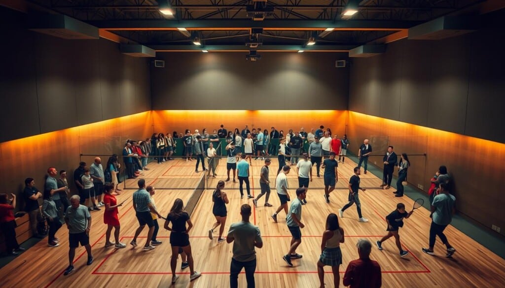 A bustling indoor squash court, bathed in warm, diffused lighting that casts a cozy, inviting atmosphere. On the court, a diverse group of players engaged in lively matches, their movements graceful and focused. In the background, spectators cheer and mingle, creating a sense of camaraderie and community. The space is adorned with vibrant court markings, high ceilings, and a sleek, modern design that speaks to the passion and dedication of the local squash enthusiasts. The overall scene conveys a welcoming and inclusive environment, where players of all skill levels can come together to share their love of the sport.