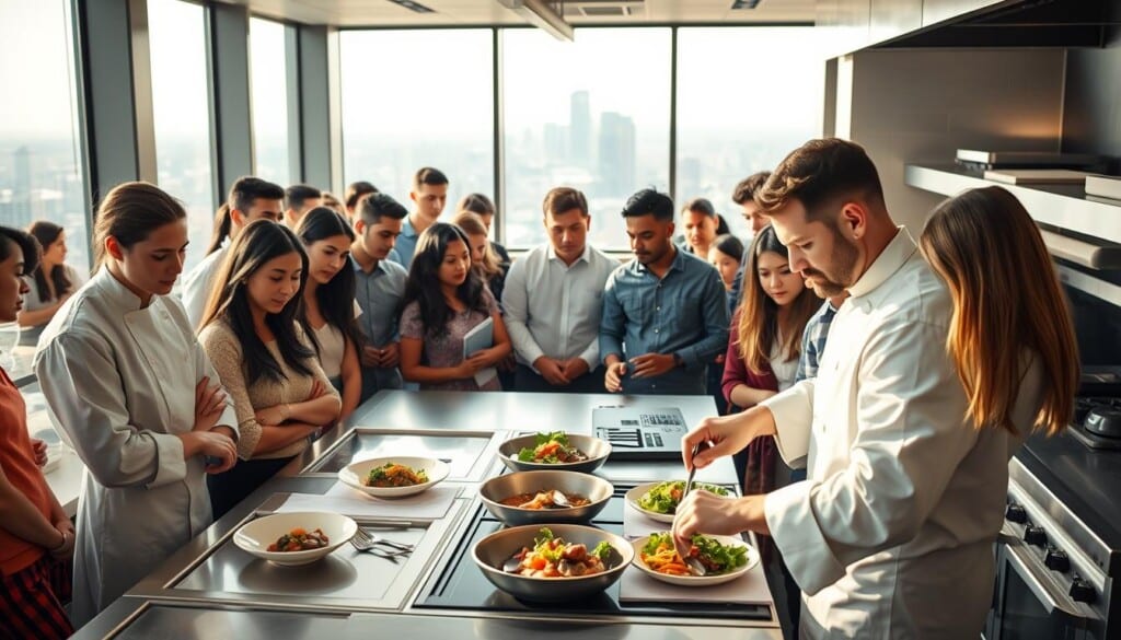 A bustling international cuisine training center, with students from diverse backgrounds gathered around a central demonstration kitchen. Overhead, soft natural lighting filters through large windows, casting a warm glow on the scene. In the foreground, a skilled chef expertly prepares a global dish, their hands navigating the intricate techniques with precision. Surrounding the chef, students lean in, taking notes and observing intently, their expressions a mix of focus and excitement. In the middle ground, rows of gleaming stainless-steel appliances and workstations speak to the professional-grade facilities. The background reveals a panoramic view of the city skyline, a testament to the school's cosmopolitan setting and commitment to cultivating a global culinary perspective.