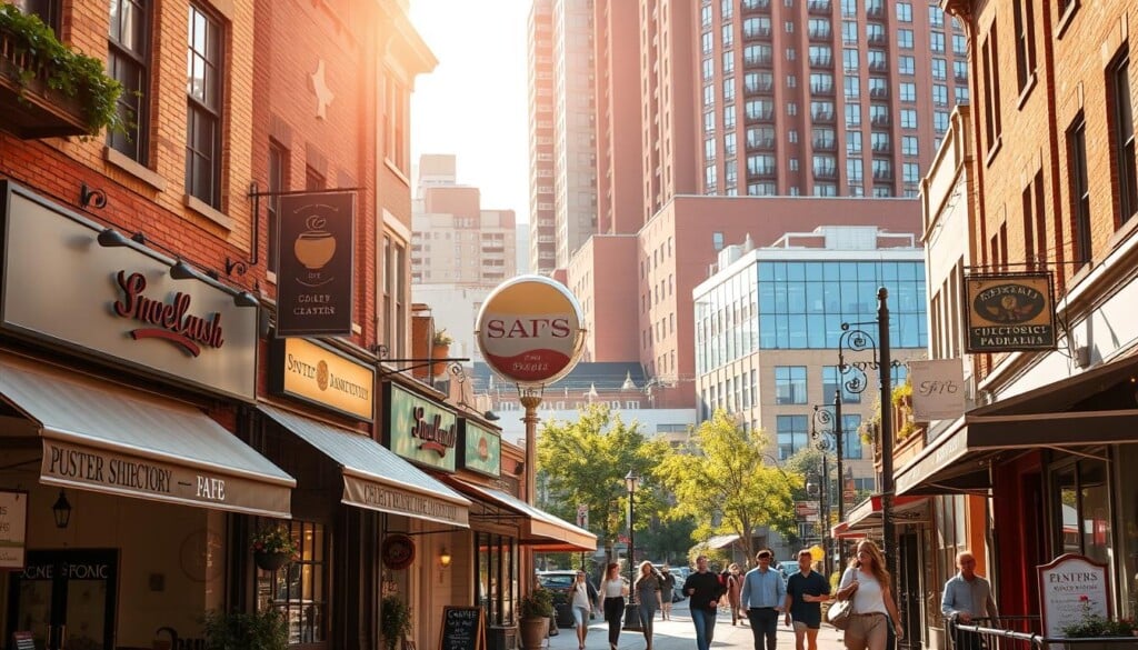 A bustling local business directory nestled in a vibrant urban setting. In the foreground, a row of storefronts showcases a variety of establishments - from quaint cafes and specialty shops to professional service providers. Warm afternoon sunlight filters through the street, casting soft shadows and lending a cozy, inviting atmosphere. In the middle ground, pedestrians stroll along the sidewalk, engaging in lively conversations and window-shopping. The background is punctuated by towering buildings, their facades adorned with architectural details, creating a sense of depth and scale. The overall scene conveys a thriving community, where local businesses and residents co-exist in a harmonious and welcoming environment.