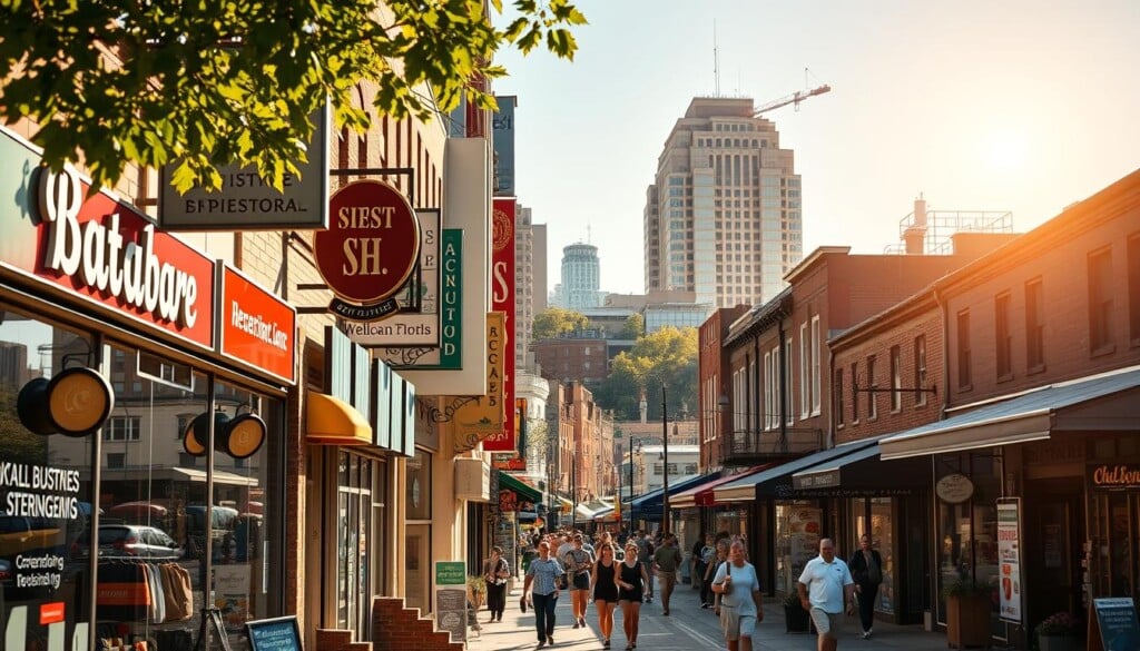 A bustling local business directory set against a warm, sun-dappled urban landscape. In the foreground, a collection of vibrant storefront signs and awnings, each showcasing the unique identity of the establishments within. The middle ground features pedestrians strolling along the sidewalks, interacting with local business owners and browsing an array of products and services. In the background, a blend of modern and historic architecture frames the scene, creating a sense of community and shared history. Warm, golden lighting casts a welcoming glow, and the overall atmosphere exudes a lively, thriving energy, reflecting the spirit of the local businesses and the people they serve.
