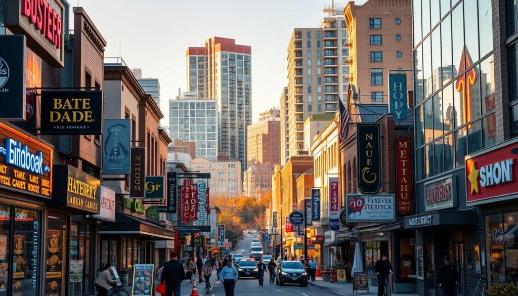 A bustling local business directory, showcasing a diverse array of storefronts and establishments. The foreground features vibrant signage, neon-lit storefronts, and eye-catching displays inviting passersby to explore. The middle ground depicts a lively streetscape, with pedestrians, bicyclists, and vehicles navigating the neighborhood. In the background, a blend of historic architecture and modern high-rises creates a dynamic urban landscape, bathed in warm, golden sunlight. The overall atmosphere exudes a sense of community, energy, and the thriving heart of a local commercial district.