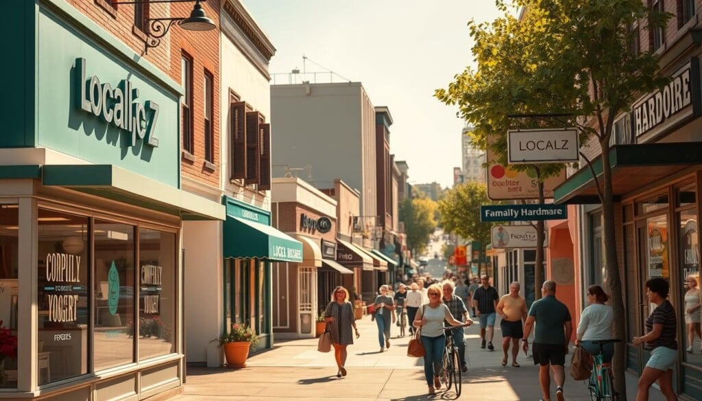 A bustling local business district, with a vibrant mix of storefronts and pedestrians on a sunny day. In the foreground, a community-focused frozen yogurt shop called "LocalZ" draws customers with its cheerful storefront and friendly staff. The midground features other local businesses like a cozy bookstore, a quirky gift shop, and a family-owned hardware store, all contributing to the neighborhood's charm. The background showcases the lively street scene, with people walking, biking, and chatting, creating a sense of energy and civic engagement. Warm, golden lighting illuminates the scene, evoking a welcoming and inclusive atmosphere that reflects the local community's spirit of support and togetherness.