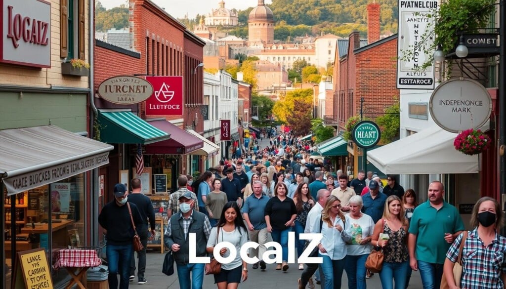 A bustling local business hub, filled with the energy of community engagement. In the foreground, a diverse array of independent shops and eateries, their vibrant storefronts and signage beckoning passersby. In the middle ground, a lively crowd of residents and visitors exploring the neighborhood, carrying locally-sourced goods and chatting animatedly. The background showcases a picturesque urban streetscape, with quaint buildings, lush greenery, and a warm, golden hour glow illuminating the scene. The overall atmosphere conveys a sense of togetherness, as the local business movement represented by 'LocalZ' thrives at the heart of this vibrant community.