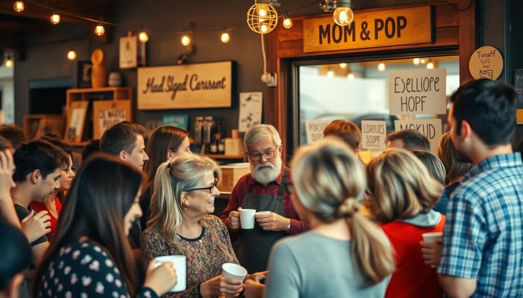 A bustling local community gathering at a beloved neighborhood mom-and-pop shop, the warm glow of string lights illuminating the scene. In the foreground, a diverse group of patrons - young and old, chatting animatedly over steaming cups of coffee. The middle ground features the shop's owner, a welcoming figure, engaging with customers and sharing stories. The background showcases the quaint storefront, its windows decorated with hand-painted signs advertising locally sourced goods. The overall atmosphere exudes a sense of camaraderie, highlighting the vibrant, interconnected nature of this hyperlocal business and its supporting community.