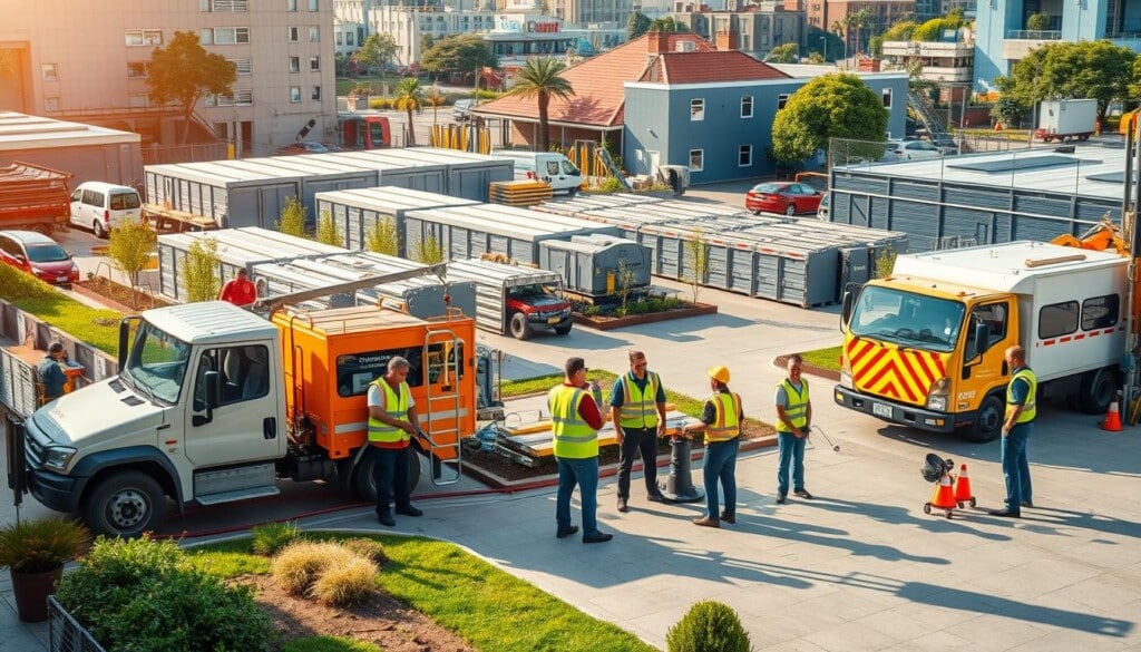 A bustling local facilities management hub, captured in a detailed wide-angle shot. The foreground features a team of professionals in high-visibility vests, diligently maintaining the grounds and infrastructure. In the middle ground, modern maintenance vehicles and equipment stand ready for deployment. The background showcases a well-kempt urban landscape, with strategically placed greenery and neatly organized storage facilities. The scene is bathed in warm, natural lighting, conveying a sense of efficiency and community-focused dedication to the upkeep of the local environment.