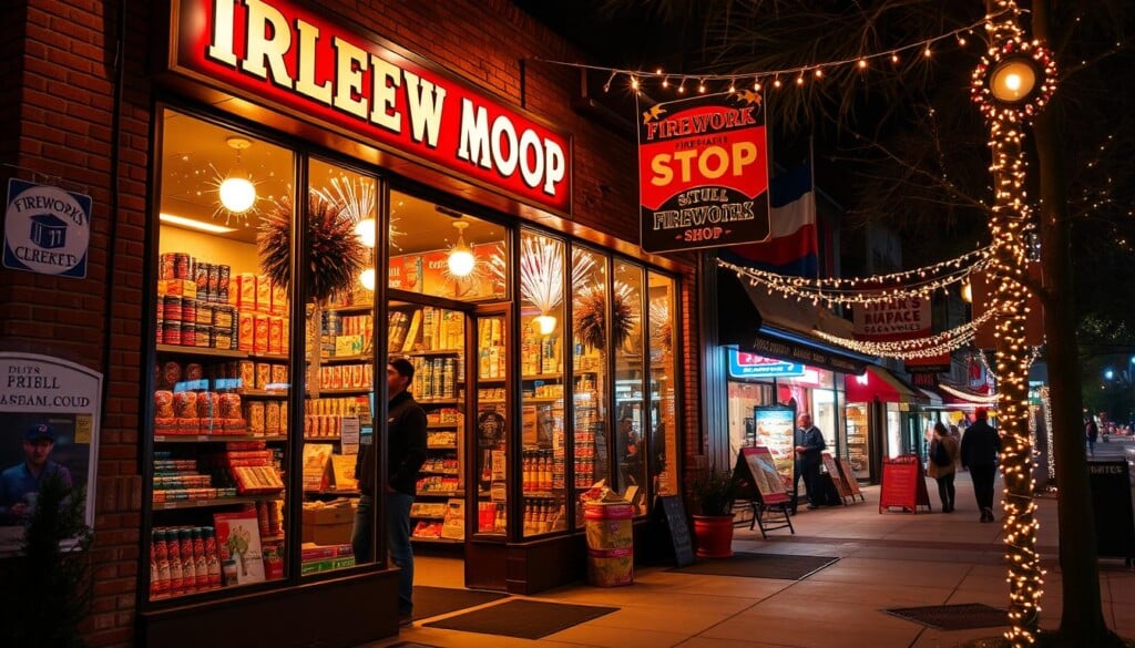 A bustling local firework shop nestled in a vibrant neighborhood, the storefront adorned with colorful displays and signage inviting passersby to explore the wonders within. Through the large windows, glimpse the shelves brimming with an array of pyrotechnic delights - from dazzling sparklers to thunderous roman candles, all awaiting eager customers. The interior illuminated by warm, ambient lighting, creating a cozy atmosphere as shopkeepers enthusiastically assist in selecting the perfect fireworks for upcoming celebrations. Step outside to find the sidewalk lined with festive banners and twinkling string lights, reflecting the shop's spirit of community engagement and holiday cheer.