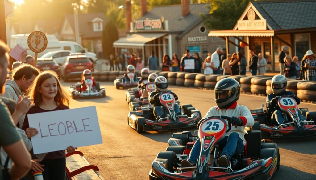 A bustling local go-kart track, with families and friends gathered around, cheering on their loved ones as they zoom past. In the foreground, a group of enthusiastic spectators, their faces alight with excitement, holding handmade signs to support their favorite racers. The middle ground showcases the sleek, colorful go-karts speeding around the winding track, the drivers' expressions intense with concentration. In the background, a quaint town square, with local shops and eateries, creating a sense of community and togetherness. The lighting is warm and golden, evoking a cozy, inviting atmosphere. The angle is slightly elevated, giving a panoramic view of the vibrant scene, emphasizing the sense of local pride and camaraderie.