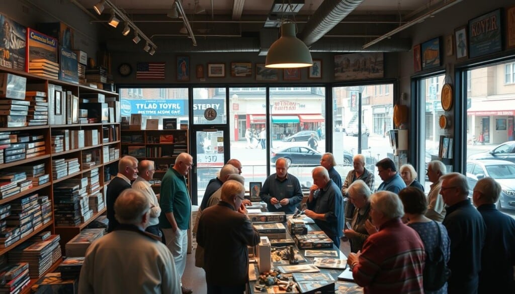 A bustling local hobby shop, warm lighting illuminating the shelves of model kits, craft supplies, and vintage collectibles. Customers, enthusiasts of all ages, gathered around a central display table, deeply engaged in conversation, sharing their latest projects and experiences. The shop's owner, an avid hobbyist herself, moves between them, offering guidance and recommendations. Through large windows, a glimpse of a vibrant street scene outside, bustling with pedestrians and the occasional classic car. The atmosphere is one of community, passion, and a shared love for the creative pursuits that make this local shop a cherished destination.