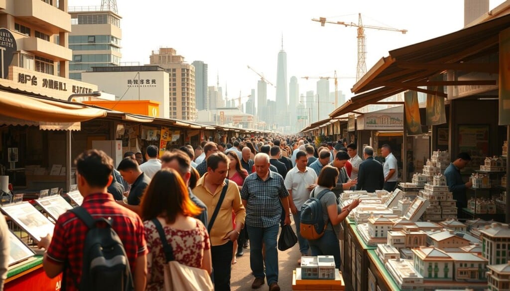 A bustling local market, bustling with activity and energy. In the foreground, a group of people examining real estate listings and discussing investment opportunities. Midground, rows of stalls showcasing various property models and architectural renderings. In the background, a vibrant cityscape with towering skyscrapers and cranes, hinting at the dynamic real estate landscape. Warm, natural lighting filters through the scene, creating a sense of warmth and authenticity. A wide-angle lens captures the bustling atmosphere, inviting the viewer to step into the heart of the local real estate market.