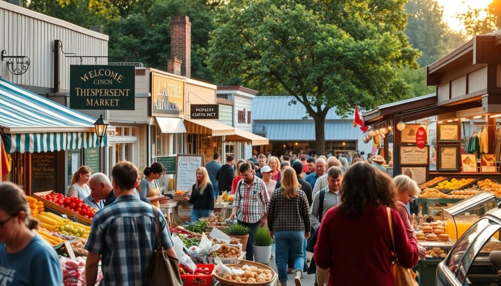 A bustling local market with a vibrant community atmosphere. In the foreground, a group of patrons peruse the diverse selection of fresh produce, baked goods, and handcrafted wares from independent vendors. The middle ground showcases a mix of quaint storefronts and small businesses, their signs and displays reflecting the unique character of the neighborhood. The background is filled with a warm, golden-hour glow, casting a welcoming aura over the scene. The lighting is soft and diffused, accentuating the natural textures and colors of the environment. The camera angle is slightly elevated, capturing the energy and interconnectedness of the local businesses and their supportive community.