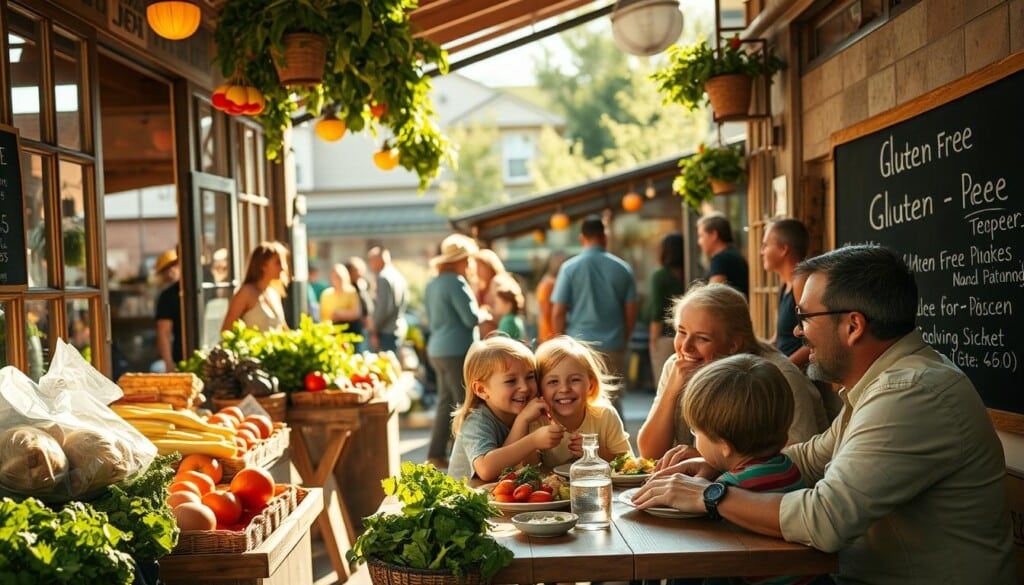 A bustling local neighborhood, warm sunlight filtering through the windows of a cozy gluten-free restaurant. Vibrant produce spills out from a farmers market stand, customers mingling and chatting excitedly. In the foreground, a family enjoys a wholesome meal together, laughter and smiles all around. The atmosphere is one of community, sustainability, and a deep appreciation for quality, locally-sourced ingredients. A chalkboard menu showcases the restaurant's commitment to dietary accommodations, inviting patrons to support this small business that caters to their needs. Wide-angle lens captures the energetic scene, highlighting the importance of nurturing gluten-free establishments within the fabric of the local community.