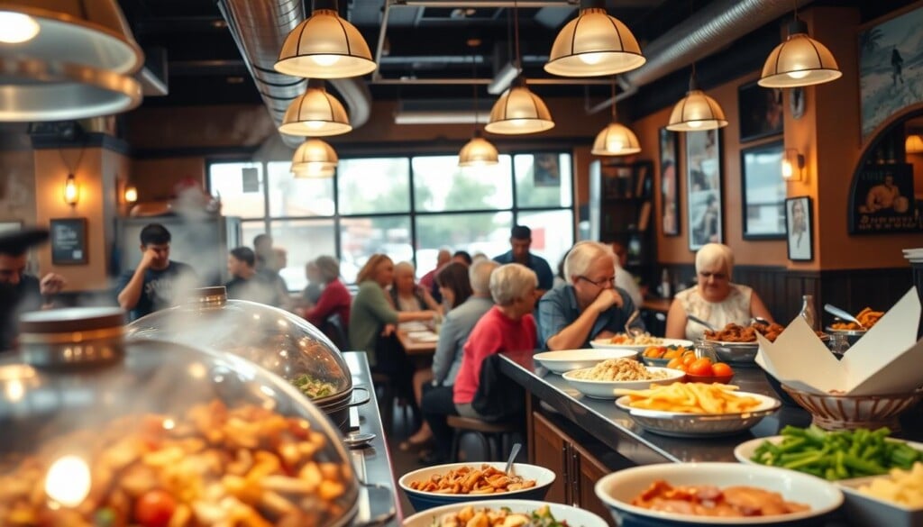 A bustling local restaurant with a diverse buffet spread, showcasing the vibrant flavors and culinary delights of the community. The foreground features an inviting display of freshly prepared dishes, with steam gently rising, enticing passersby. The middle ground captures a group of diners, diverse in age and ethnicity, enjoying their meals and engaging in lively conversation. In the background, the warm, ambient lighting and cozy decor create a welcoming atmosphere, reflecting the restaurant's commitment to supporting local businesses and providing a memorable dining experience. The scene is captured with a wide-angle lens, emphasizing the sense of community and the abundance of options available to those seeking a taste of the local culinary scene.