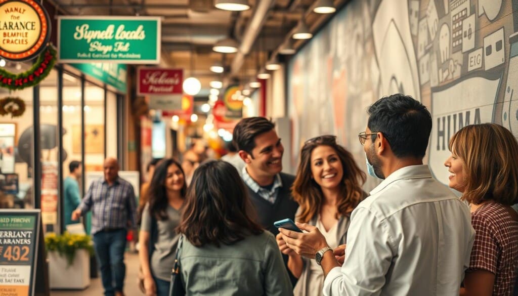 A bustling local shopping district, storefronts adorned with vibrant signs and decorations, highlighting the diverse array of businesses that cater to the community. In the foreground, a group of people enthusiastically engaging with the local endodontist, discussing their dental health needs and the importance of supporting neighborhood practitioners. Soft, warm lighting illuminates the scene, creating a welcoming and inviting atmosphere. The background features a mural depicting the interconnectedness of the local economy, underscoring the crucial role that small businesses play in fostering a thriving community.