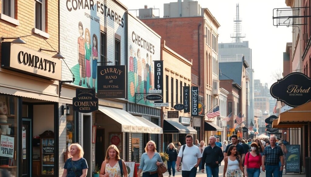 A bustling local shopping district, with a diverse array of small businesses lining the streets. In the foreground, people stroll past quaint storefronts offering artisanal goods, cozy cafes, and unique boutiques. Mid-ground, a community mural adorns the side of a building, showcasing the vibrancy and unity of the neighborhood. The background features a mix of historic architecture and modern signage, creating a charming, walkable atmosphere. Warm, natural lighting filters through the scene, highlighting the welcoming and supportive ambiance of this thriving local community.