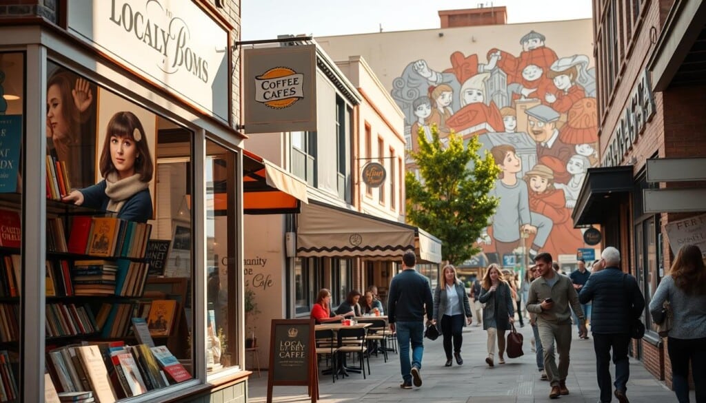 A bustling local shopping district, with vibrant storefronts and pedestrians strolling along the sidewalks. In the foreground, a family-owned bookstore displays its curated selection of titles in the window, with a cozy interior visible through the glass. A quaint café occupies the middle ground, its outdoor seating area abuzz with locals enjoying freshly brewed coffee and pastries. In the background, a community mural adorns the side of a building, celebrating the unique character of the neighborhood. Warm, natural lighting filters through the scene, creating a sense of welcoming ambiance. The overall composition conveys the benefits of supporting local businesses, fostering a thriving and interconnected community.