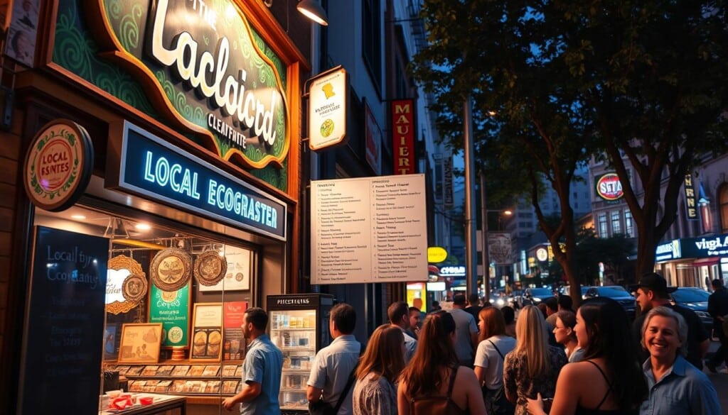 A bustling local storefront illuminated by warm, inviting lighting. The facade is adorned with vibrant signage and intricate, locally-inspired artwork, showcasing the unique character of the neighborhood. In the foreground, a diverse group of people, representing the community, engage in friendly conversation and lively interactions. The middle ground features a well-designed directory guiding visitors to various local businesses, emphasizing the interconnectedness of the local ecosystem. The background captures the dynamic energy of the urban setting, with buildings, trees, and other elements creating a visually captivating and harmonious scene. The overall mood is one of community, collaboration, and a celebration of the unique identity of the local area.