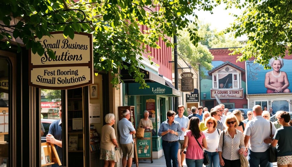 A bustling local street, sunlight filtering through lush foliage, a community of engaged small business owners and patrons gathered. In the foreground, a charming storefront with an elegant, hand-painted sign advertising a flooring solutions provider. Passersby window-shop, mingle, and converse animatedly. The middle ground showcases a diverse array of local businesses - a cozy cafe, an artisanal craft shop, a community bulletin board. In the background, a vibrant mural celebrates the neighborhood's cultural heritage. The scene exudes a warm, inviting atmosphere of connection, collaboration, and civic pride.