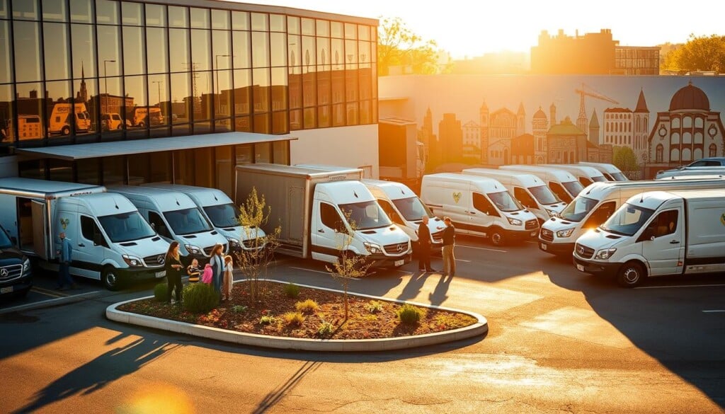 A bustling local truck rental hub, with a fleet of well-maintained vehicles parked outside a modern, glass-fronted building. The scene is bathed in warm, golden afternoon light, casting long shadows across the asphalt. In the foreground, a family loads up their rental truck, while a group of friends examine the selection of cargo vans and pickup trucks available. The middle ground features a neatly landscaped parking area, dotted with small trees and a friendly, approachable staff members ready to assist customers. In the background, a vibrant community mural adorns the side of the building, depicting local landmarks and a sense of neighborhood pride. The overall atmosphere exudes a welcoming, community-focused vibe, reflecting the "LocalZ: Connecting Communities" theme.