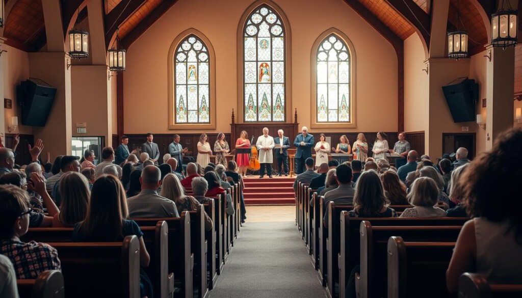 A bustling local worship event set in a cozy, well-lit church sanctuary. Rows of wooden pews fill the foreground, occupied by a diverse congregation engaged in joyful praise and worship. The middle ground features a raised stage with an ensemble of musicians and vocalists, their expressions filled with fervent adoration. The background showcases ornate stained-glass windows, casting warm, ethereal light across the scene. The atmosphere is one of reverence, community, and spiritual connection, inviting the viewer to experience the uplifting energy of this local worship gathering.