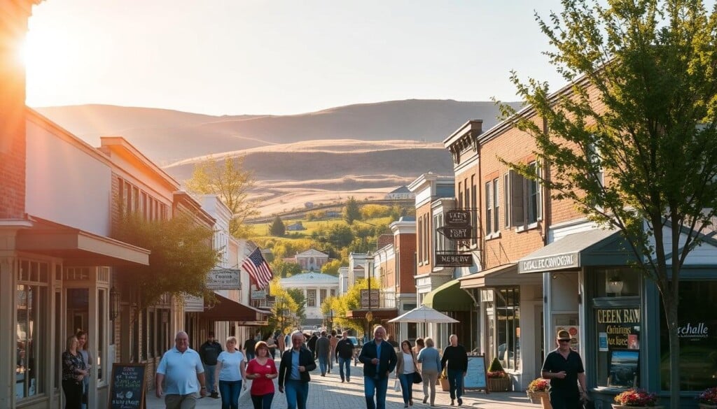 A bustling main street in a quaint small town, with local shops and businesses lining the sidewalks. Warm, golden sunlight filters through the trees, casting a cozy glow over the scene. In the foreground, people stroll by, browsing the window displays and chatting with shop owners. In the middle ground, a mix of historic and modern architecture creates a charming, well-preserved downtown district. In the background, rolling hills and a clear blue sky frame the entire local economy landscape, conveying a sense of community, tradition, and thriving small-town prosperity.