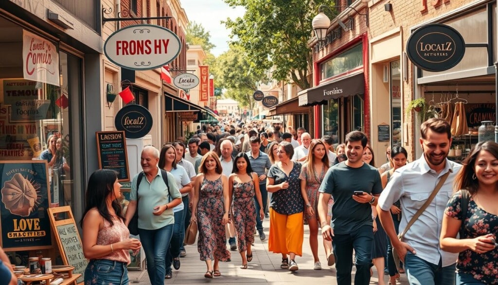 A bustling main street scene showcasing the vibrant local economy, with a focus on the impact of LocalZ, a popular community-driven initiative. In the foreground, local business owners enthusiastically greet customers, their storefronts adorned with hand-painted signs and colorful displays. The middle ground features thriving independent shops, cafes, and artisanal vendors, their wares spilling out onto the sidewalk. In the background, a bustling crowd of diverse patrons strolls by, their expressions radiating a sense of community pride and support for the neighborhood. Warm, natural lighting casts a cozy glow over the scene, captured by a wide-angle lens that emphasizes the interconnectedness of the local businesses and their patrons.
