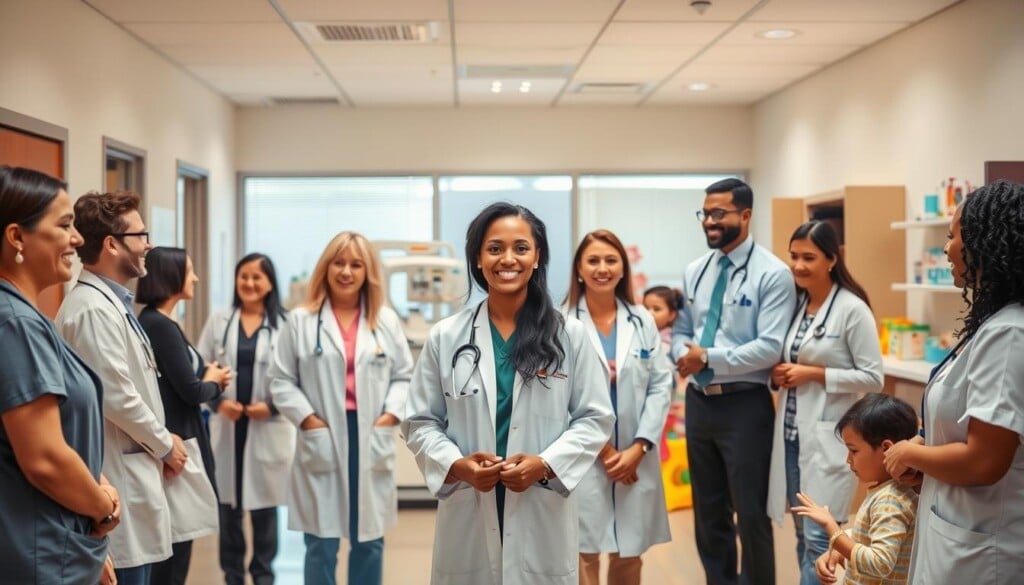 A bustling medical office with a welcoming atmosphere. In the foreground, a diverse group of pediatricians in professional attire are interacting with patients and families, exuding a sense of care and expertise. The middle ground features a modern, well-equipped examination room, with state-of-the-art medical equipment. In the background, a warm, natural-lit lobby showcases the clinic's family-friendly ambiance, complete with a play area for children. The lighting is soft and inviting, creating a calming environment. The composition is balanced, with the pediatricians as the central focus, surrounded by the supportive medical setting. The overall scene conveys the professionalism, compassion, and accessibility of top-tier pediatric care in the local community.