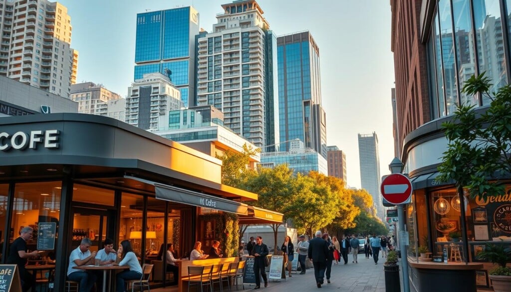 A bustling metropolitan street, with a row of cozy cafes lining the sidewalk. In the foreground, a sleek, modern chain cafe with a minimalist design and a lineup of patrons sipping artisanal drinks. Next to it, an independent cafe with a charming, vintage-inspired aesthetic, its windows adorned with whimsical displays. In the background, a mix of high-rise buildings and trees, creating a harmonious urban landscape bathed in warm, golden-hour lighting. The scene exudes a sense of community, where both the familiar and the unique come together, inviting passersby to find their perfect spot for a moment of respite and indulgence.