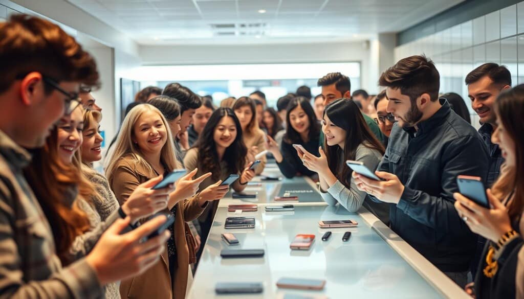 A bustling mobile phone shop, the countertops crowded with customers eagerly sharing their experiences. Soft, diffused lighting sets a warm, approachable atmosphere as shoppers gesture animatedly, their faces reflecting a range of emotions - from satisfied smiles to thoughtful expressions. In the background, sleek phone displays beckon, while the overall scene conveys a sense of lively feedback and engaged decision-making, capturing the essence of "Customer Reviews: The Key to Informed Decisions."
