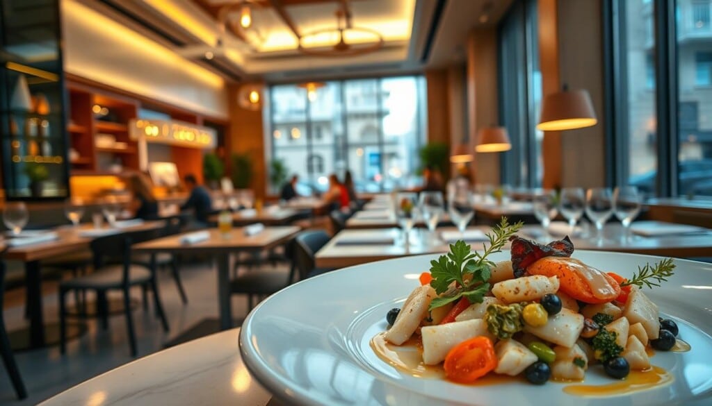 A bustling modern European food restaurant showcasing its sophisticated cuisine. In the foreground, a tastefully plated dish featuring fresh seafood, seasonal vegetables, and delicate sauces, illuminated by warm, soft lighting. The middle ground reveals an elegantly designed dining area with clean lines, minimalist decor, and natural wood accents, evoking a chic, contemporary ambiance. In the background, floor-to-ceiling windows offer a glimpse of a vibrant urban setting, hinting at the restaurant's cosmopolitan setting. The overall scene exudes a sense of refined elegance and culinary excellence, capturing the essence of the rise of modern European food establishments in the United States.