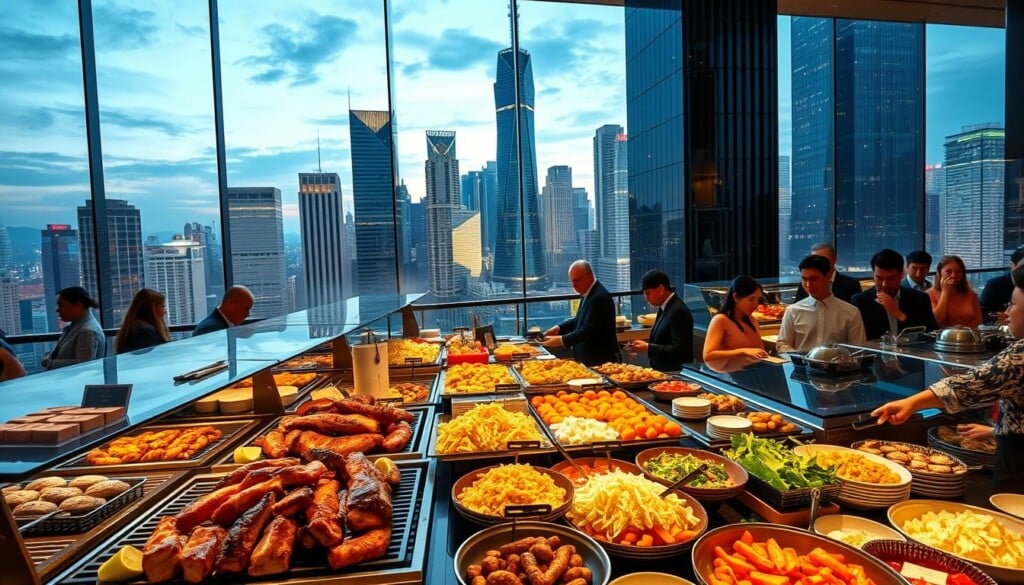 A bustling modern buffet restaurant set against a backdrop of towering skyscrapers in a vibrant city skyline. In the foreground, an inviting display of diverse culinary offerings, from sizzling grilled meats to colorful salads and decadent desserts, all illuminated by warm, soft lighting. The middle ground features well-dressed patrons eagerly serving themselves from the abundant buffet, creating a lively, social atmosphere. The background showcases the dynamic cityscape, with sleek high-rises and glittering lights, conveying a sense of urban sophistication. The overall scene evokes a premium dining experience that caters to discerning palates seeking a delightful and memorable buffet feast.
