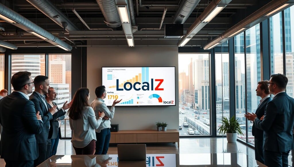 A bustling modern office setting, with an open-plan layout and large windows flooding the space with warm, natural lighting. In the foreground, a team of business professionals engaged in a lively discussion, gesturing animatedly as they collaborate on a presentation displayed on a sleek digital screen. In the middle ground, the LocalZ logo prominently featured on a wall, surrounded by colorful infographics and charts illustrating the company's growth trajectory. The background depicts a vibrant cityscape, with skyscrapers and bustling streets visible through the windows, reflecting the dynamic, thriving environment that fosters the success of LocalZ's business clients.