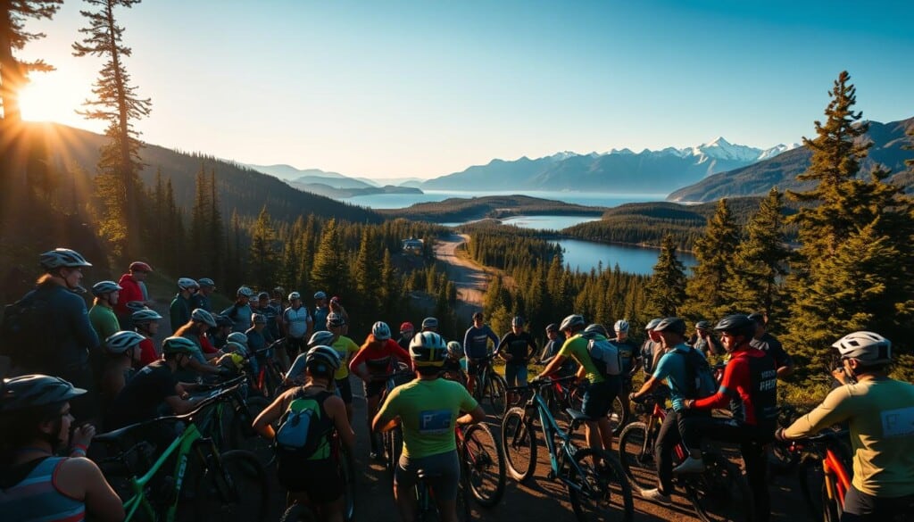 A bustling mountain biking community gathers at the trailhead, their bikes gleaming in the warm afternoon light. In the foreground, a group of riders huddle, discussing the technical sections ahead. In the middle ground, a winding singletrack snakes through lush, verdant forests, punctuated by rocky outcroppings. In the distance, majestic peaks rise, their snow-capped summits mirrored in a serene lake. The atmosphere is one of camaraderie, adventure, and a deep connection to the natural world. A wide-angle lens captures the scene, showcasing the vibrant community and the stunning landscape that draws them together.