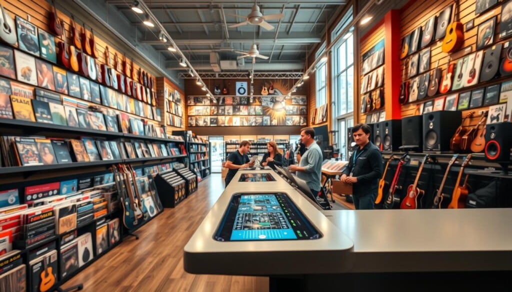 A bustling music store directory, its shelves lined with an extensive collection of albums, instruments, and audio equipment. The foreground showcases a sleek, modern counter with a touchscreen display, inviting customers to explore the store's inventory and services. The middle ground features knowledgeable staff members assisting customers, while the background reveals a well-lit, open-concept layout with high ceilings and large windows, allowing natural light to flood the space. The atmosphere is one of innovation and customer-centric focus, with a warm, welcoming ambiance that draws in music enthusiasts. Crisp, high-definition photography captures the scene, emphasizing the store's commitment to technology and its role as a hub for the local music community.