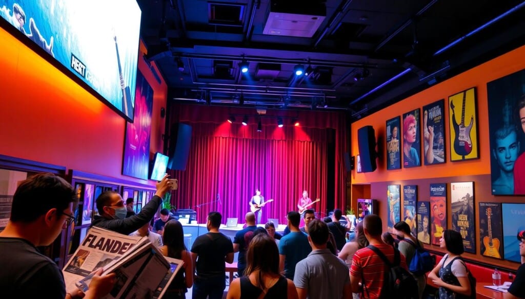 A bustling music venue, the interior bathed in warm, ambient lighting. In the foreground, a group of music enthusiasts carefully examine posters and flyers, carefully curating their event experience. In the middle ground, a receptionist desk with a friendly attendant, guiding visitors and providing information. Beyond, the stage is visible, its curtains drawn, anticipation building for the upcoming performance. The walls are adorned with vibrant music-themed artwork, creating an immersive and inspiring atmosphere. Overall, the scene conveys the excitement and anticipation of selecting the perfect music venue for a memorable live event.
