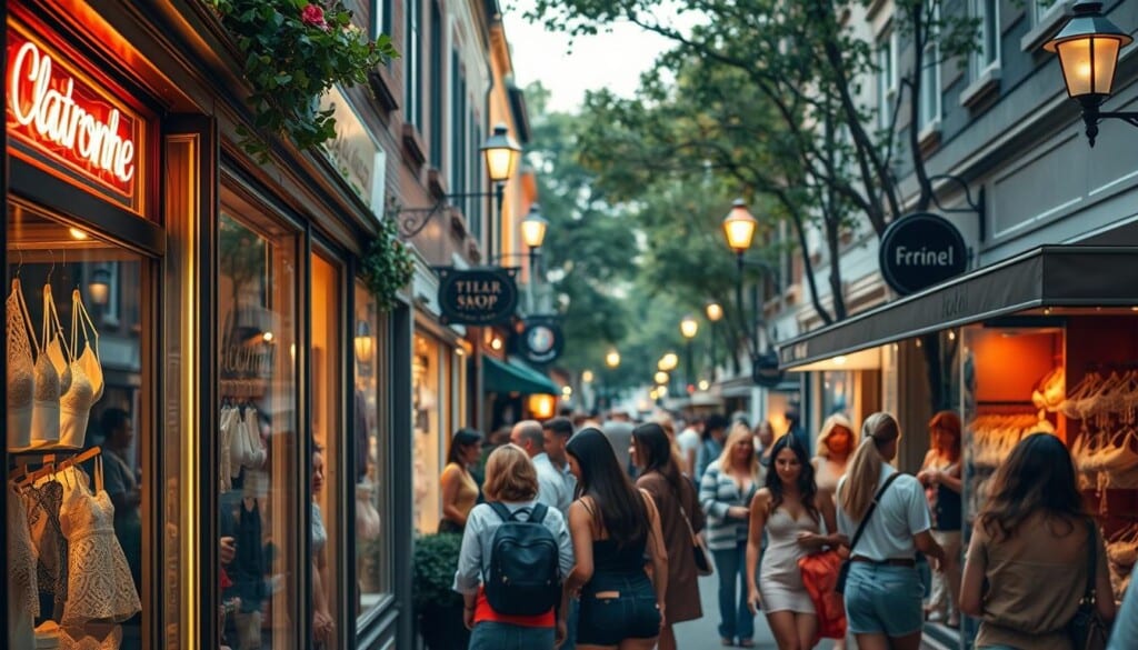 A bustling neighborhood filled with cozy, independent lingerie shops, their windows adorned with delicate lace and satin displays. In the foreground, a welcoming storefront with a classic neon sign glowing softly, inviting passersby to explore the intimate collection within. The middle ground features a diverse range of shoppers, from young couples to seasoned connoisseurs, all browsing the curated selections with care. In the background, the warm glow of streetlamps casts a soft, inviting ambiance over the quaint, tree-lined streets, creating a sense of community and local charm. This image captures the essence of how LocalZ supports the search for unique, personalized lingerie that celebrates the wearer's individuality.