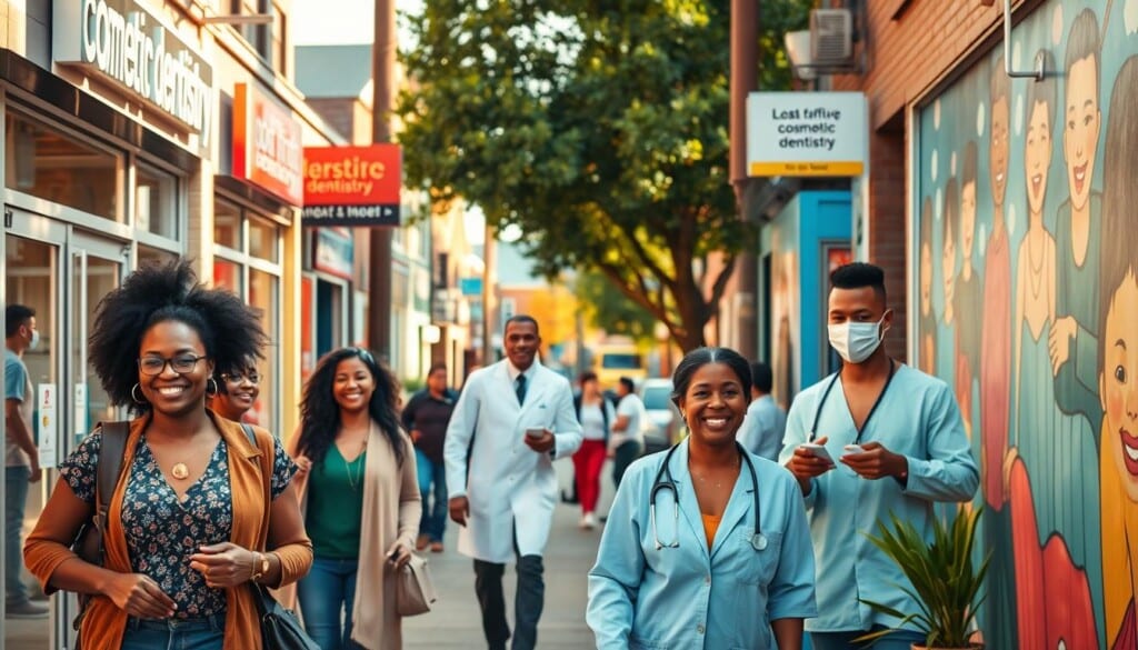 A bustling neighborhood street, lined with local businesses, including a modern, well-appointed cosmetic dentistry practice. In the foreground, patients of diverse backgrounds enter and exit the clinic, smiling and exuding confidence. The middle ground depicts the dentist and staff engaged with the community, hosting a free dental health fair, providing examinations and advice. In the background, a vibrant mural showcases the practice's commitment to improving the oral health and overall wellbeing of the local residents. Warm, natural lighting illuminates the scene, conveying a sense of approachability, trust, and the positive impact of accessible, high-quality cosmetic dentistry on the community.