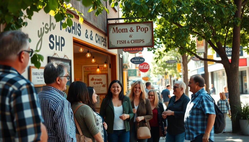 A bustling neighborhood street, sunlight filtering through lush foliage. In the foreground, a friendly group of locals gathered outside a charming mom-and-pop fish and chips shop, exchanging warm greetings and lively conversation. Their expressions reflect a sense of community pride and support for this local business. The shop's storefront is adorned with hand-painted signage and a cozy, inviting atmosphere. In the background, other independent shops and businesses line the sidewalks, creating a vibrant, walkable urban landscape. The scene conveys a strong sense of local pride, connection, and the importance of supporting one's community.