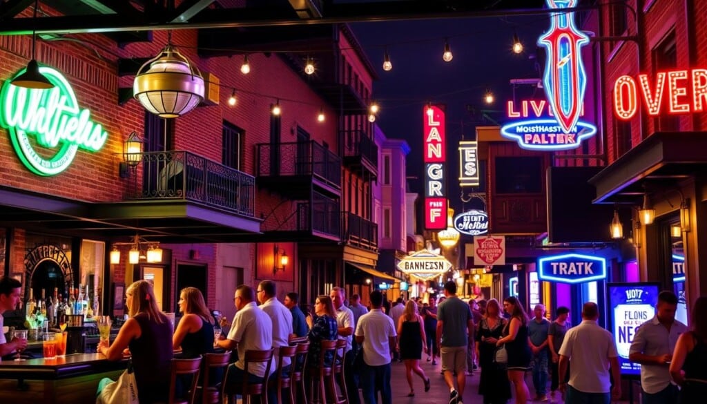A bustling nightlife scene in the heart of Southern cities - Charleston and Nashville. In the foreground, a lively bar with neon lights, wooden stools, and locals enjoying craft cocktails. The middle ground reveals the iconic architecture of historic buildings, with wrought-iron balconies and warm-hued bricks. In the background, a vibrant street lined with live music venues, each pulsing with the rhythm of blues, country, and soulful tunes. The atmosphere is electric, blending modern sophistication and timeless Southern charm, inviting visitors to immerse themselves in the vibrant nightlife of these iconic Southern destinations.