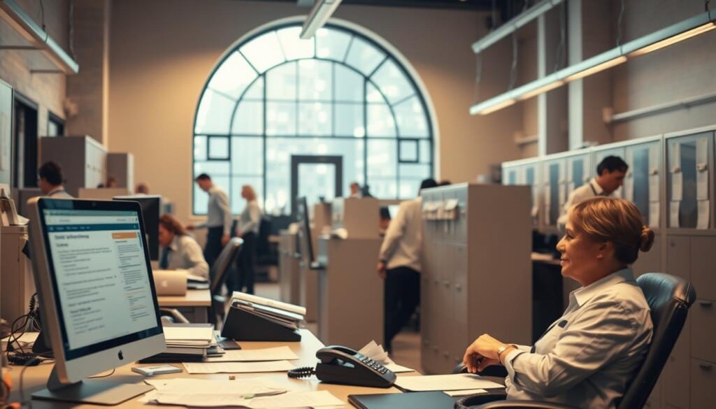 A bustling office scene, workers navigating the intricate process of workers compensation claims. In the foreground, a desk with a computer, paperwork, and a telephone - the tools of the trade. Beyond, a series of cubicles and filing cabinets, conveying the bureaucratic nature of the system. Soft, warm lighting illuminates the space, creating a sense of professionalism and diligence. A large, arched window in the background casts natural light, adding depth and perspective. The overall atmosphere is one of organized chaos, reflecting the complexity of the workers compensation process. Angles and perspectives shift to provide a comprehensive view of the scene, capturing the essence of this important legal and administrative procedure.