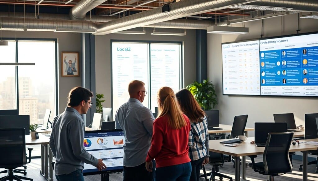 A bustling office setting with LocalZ employees diligently searching for the perfect home inspectors. In the foreground, a team huddled around a large interactive display, reviewing profiles and ratings. The middle ground showcases a bright, airy workspace filled with sleek desks and ergonomic chairs. Sunlight streams in through panoramic windows, casting a warm glow on the scene. In the background, a wall-mounted monitor displays a comprehensive database of certified home inspectors, their specialties, and customer feedback. The atmosphere is one of focused collaboration and unwavering commitment to finding the ideal match between homeowners and trusted inspectors.